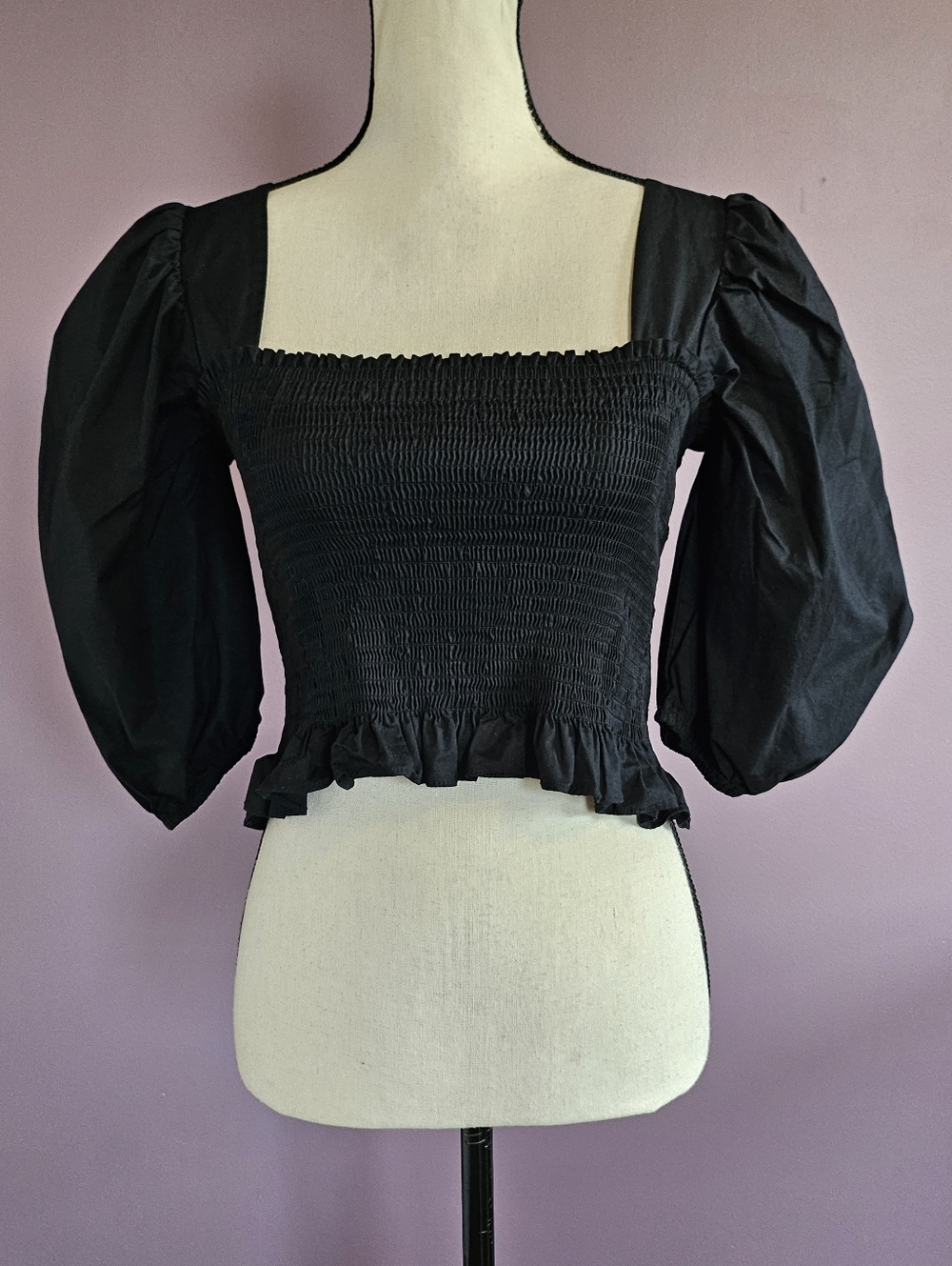 Chocolate USA Black Puff Sleeve Smocked Boho Cottage Prairie Tie Back Crop Top